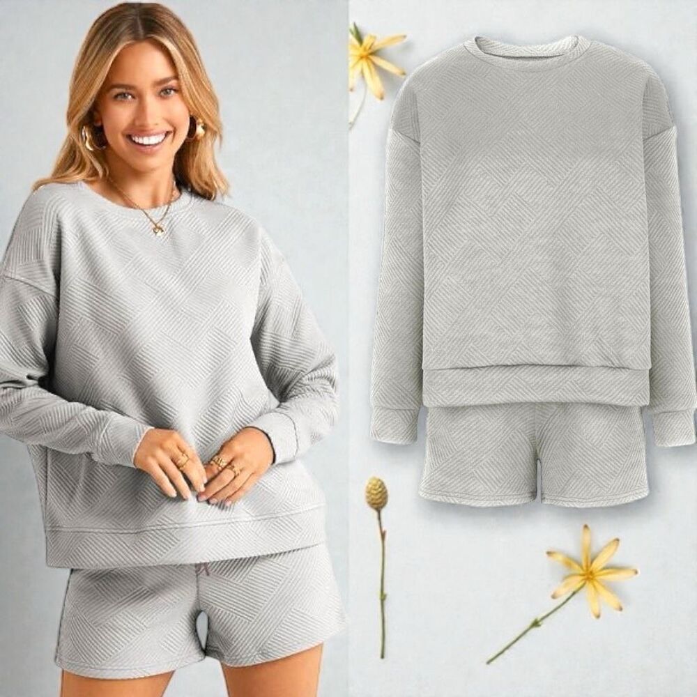 Boutique Gray Textured Long Sleeve Top & Shorts Lounge Set | Plus Size | NWT - Picture 3 of 12